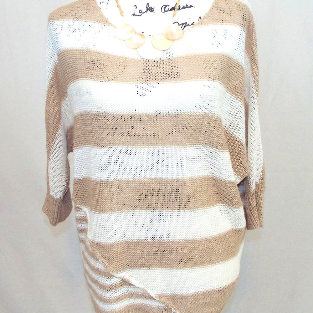 360 Sweater Beige and White Thin Knit Multi Striped Sweater Size Medium